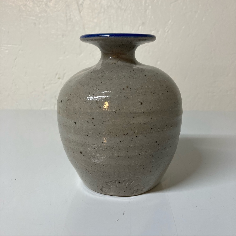 Clayville stamped pottery rose bud vase Gray and Blue Ceramic Vase 5” X 4.25”